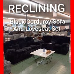💥 Black Corduroy Reclining Sofa and Loveseat Set