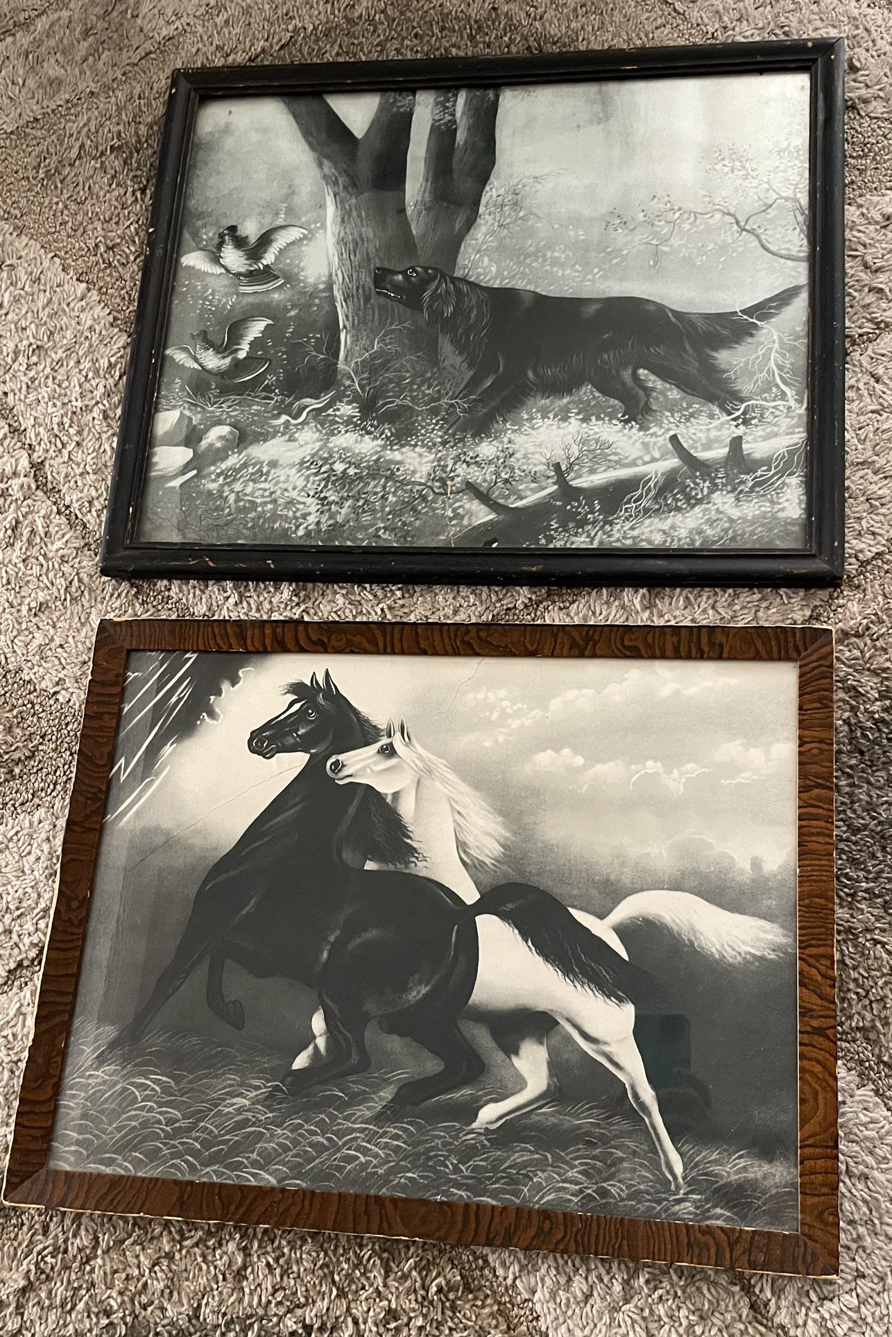 2  Antique framed chromolithographs,  “Spirited Horses” & Hoover  & Son’s Hunting Dog With birds
