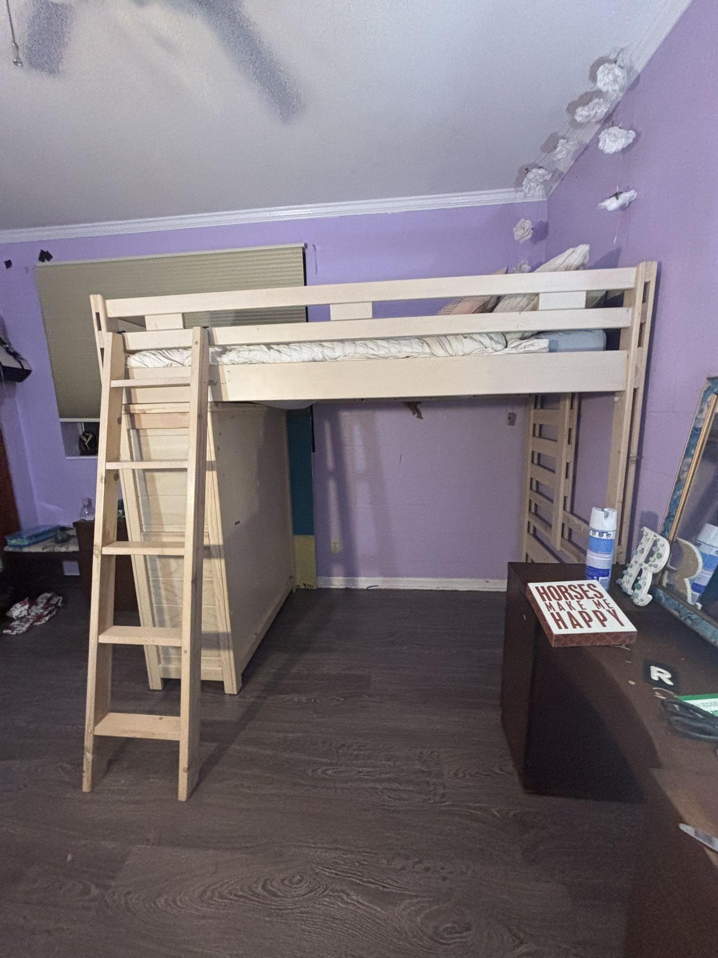 Twin Loft Bed including ladder, storage, supporting boards, and ladder hooks