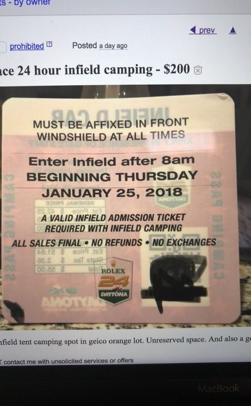 Wanted Rolex 24 infield camping pass