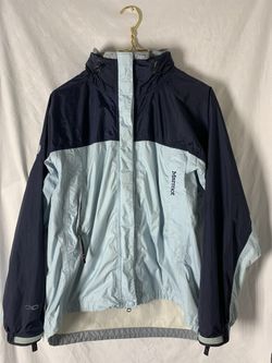 Marmot Jacket Mens M Blue Full Zip Logo Lined Hooded Windbreaker Rain Coat