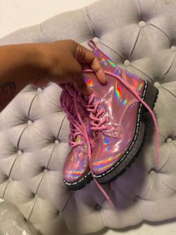 Kids Pink Holographic Lace-Up Combat Boots
