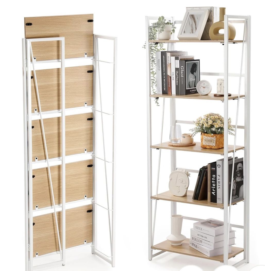 Folding Bookshelf Storage Shelves 5 Tiers Foldable Vintage Multifunctional Plant Flower Stand Storage Rack Shelves Bookcase for Home Office, White