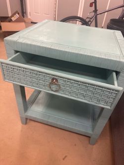 Turquoise wood and rattan side table