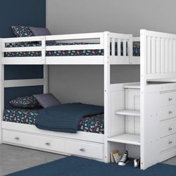Bunk bed Twin Over Twin Stair Steps & 7 Storage Drawers in White Finish