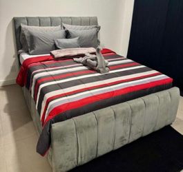 Gray Velvet Upholstered Bed Frame