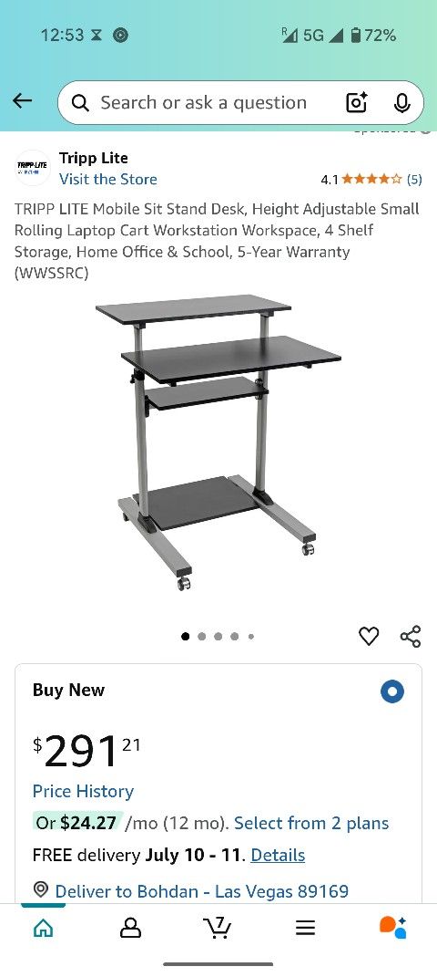 Mobile Sit Stand Desk, Height Adjustable Small Rolling Laptop Cart Workstation Workspace, 4 Shelf Storage