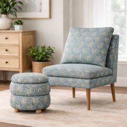 Slipper Accent Chair with Matching Ottoman Upholstered in Morris & Co.