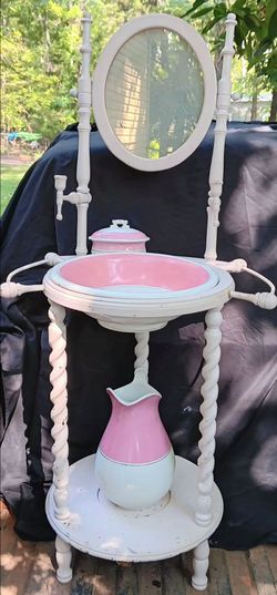 Antique Washstand with Mirror and Pitcher Set