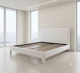 Modern White Upholstered Queen Platform Bed Frame