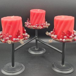 Black Metal 3 Arm Pillar Candle Holder W/Grapes & Vine Motiff