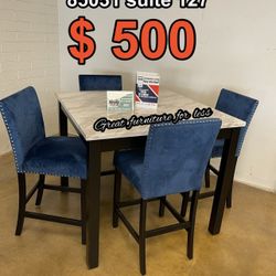 5 PCs Dining Table Set Include 4 Blue Chair Velvet And Faux Marble Table Brand New