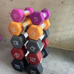 New pair of 5,8,10,12,15lb neoprene dumbbells with cuts in the neoprene