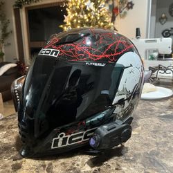 ICON AIRFLITE SKULL 18 FULL FACE HELMET AND Sena 10 Pro Bluetooth Headset With Intergrated Camera Single Pack
