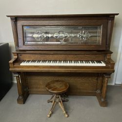 Antique Willard Co Upright Piano Beautiful Wood Leaded Glass