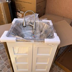 Utility Sink with Faucet and Double Doors Cabinet in White