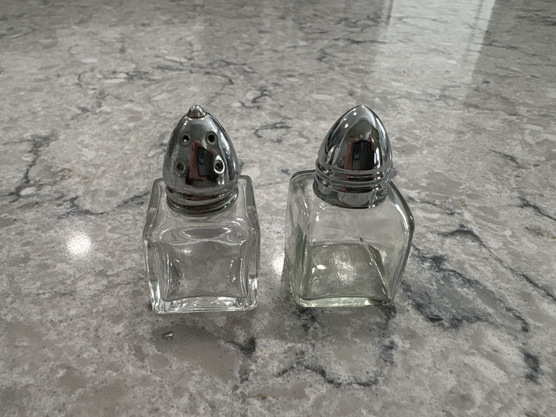 Vintage Clear Glass Miniature Square Salt and Pepper Shakers Chrome Tops