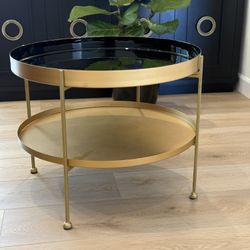 Modern Gold Round Coffee Table – Black Glass Top – 2 Tier