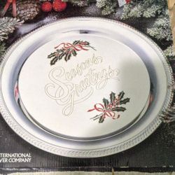Vintage Silver Seasons Greetings Platter, Tray by International Silver Company, Silver Plated Holiday Server w/ Holly, Hand Painted, Engraved
