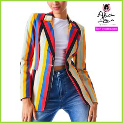 Alice + Olivia Breann Boheme Striped Denim Red Blue Multi Fitted Blazer Jacket