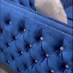 Navy Blue Velvet L- Shaped tufted Crystal Sofa 