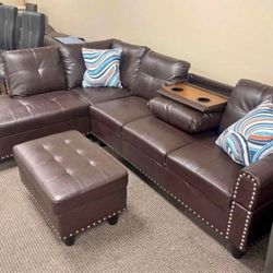 Brown Sectional With Cup Holder And Storage Ottoman. Brand New.