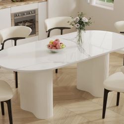 Modern Oval Dining Table for 6, Glossy White Sintered Stone table top, Stable Wood Legs