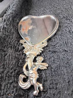 Silver Heart Hand Mirror with Cherub Handle Vintage/antique