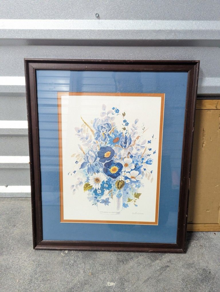 Gloria Eriksen Blue, White, and Yellow Floral Watercolor Painting - Matted and Framed