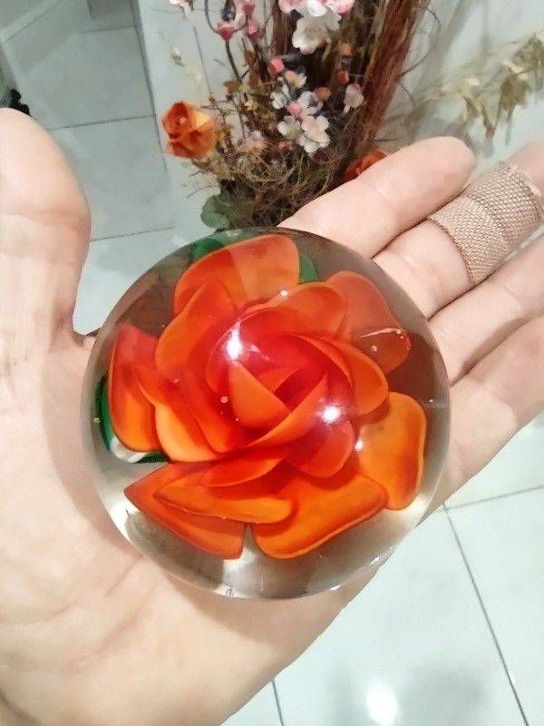 Red Rose and Green Leaves Collectible Blown Glass Flower Paperweight 3.5” Round.