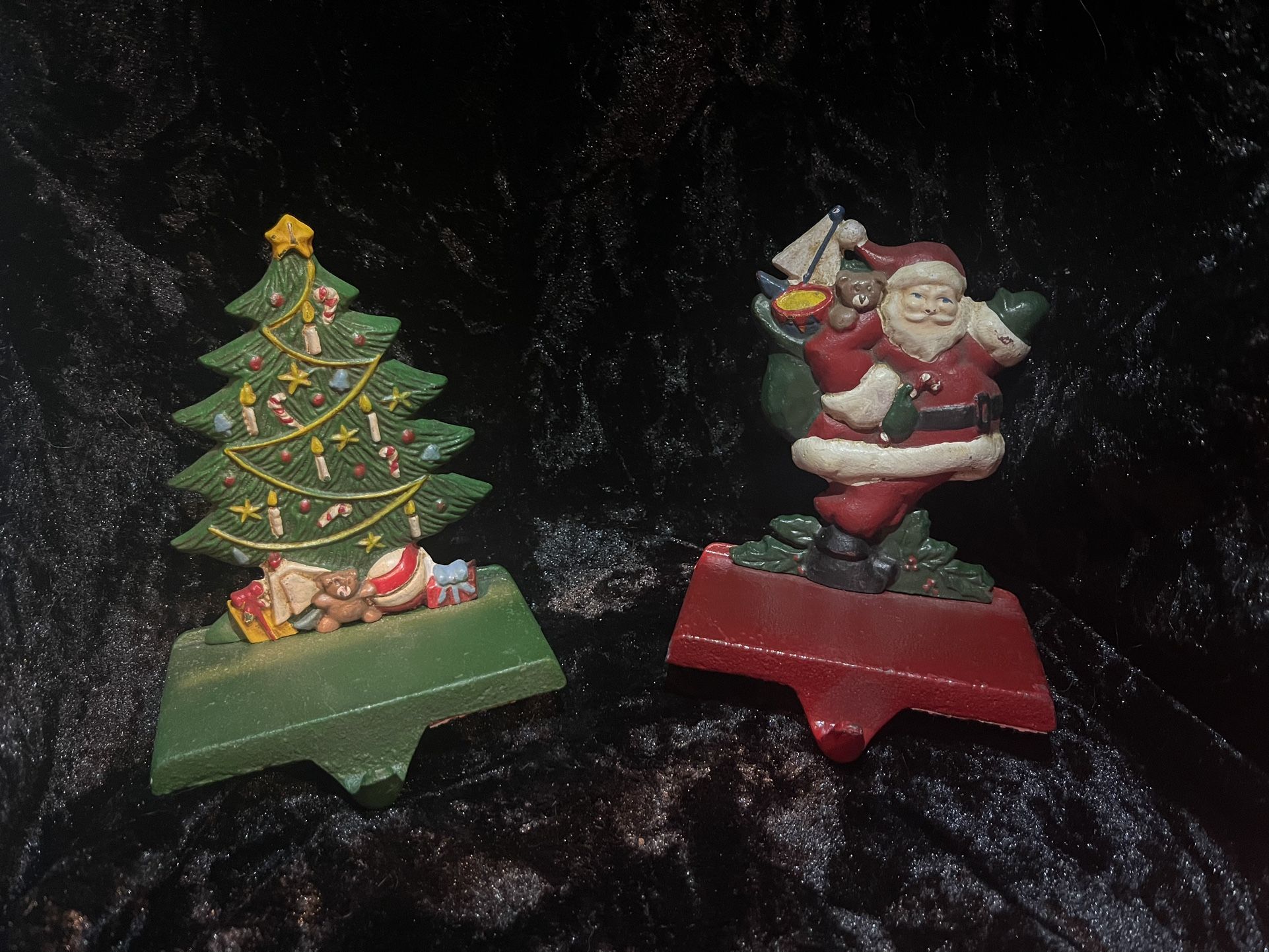 Set Of 2 Vintage Santa & Tree Christmas Cast Iron Stocking Holders