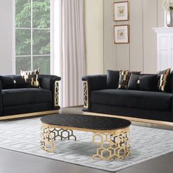 💎 RETRO GLAM 2 PIECE SOFA LOVESEAT SET BLACK VELET GOLD TRIM PILLOWS💎