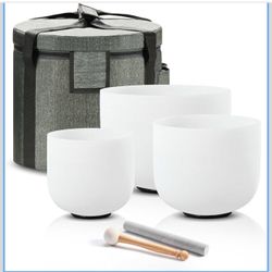 CVNC CRYSTAL SINGING BOWLS SET of 3 432HZ 6"A 7"C 8"F Frosted White Quartz Chakra Set of 3 with Carry Case Bag for Sound Healing Yoga and Meditation