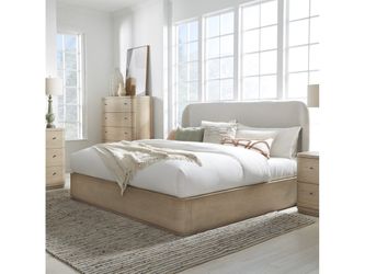 Penny Queen Upholstered Platform Bed in Buff Cream Ash and Oatmeal Linen