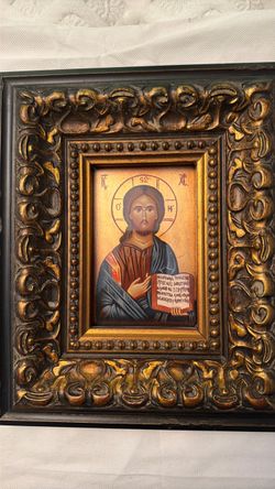 Vintage Hand Painted Icon of Christ Orthodox IC/XC very ornate custom frame