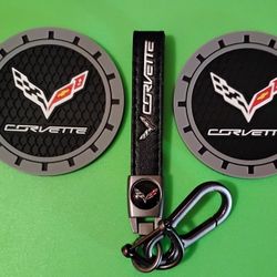 Corvette Keychain and Car Cup Coasters NEW