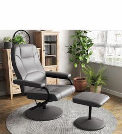 POWERSTONE Recliner Chair with Ottoman, PU Leather Swivel Reclining Chair with Footrest Living Room Armchair Leisure Lounge Chair with Wrapped Base Gr