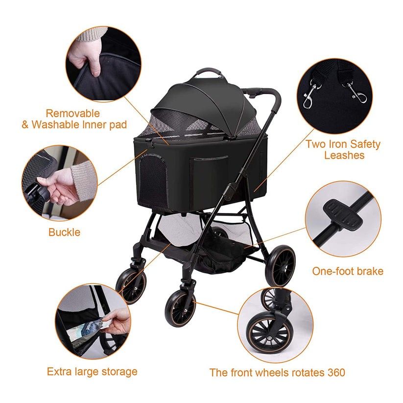 Dog Stroller for Small Medium Dogs - 4 Wheels Automatic Foldable Pet Cat Dog Strollers with Easy Removable Carrier, Mesh Windows with Detachable Pet P