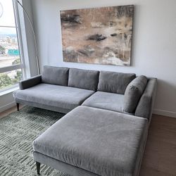 West Elm Andes Sectional Set: Left Arm 2 Seater Sofa + Ottoman, Distressed Velvet, Mineral Grey