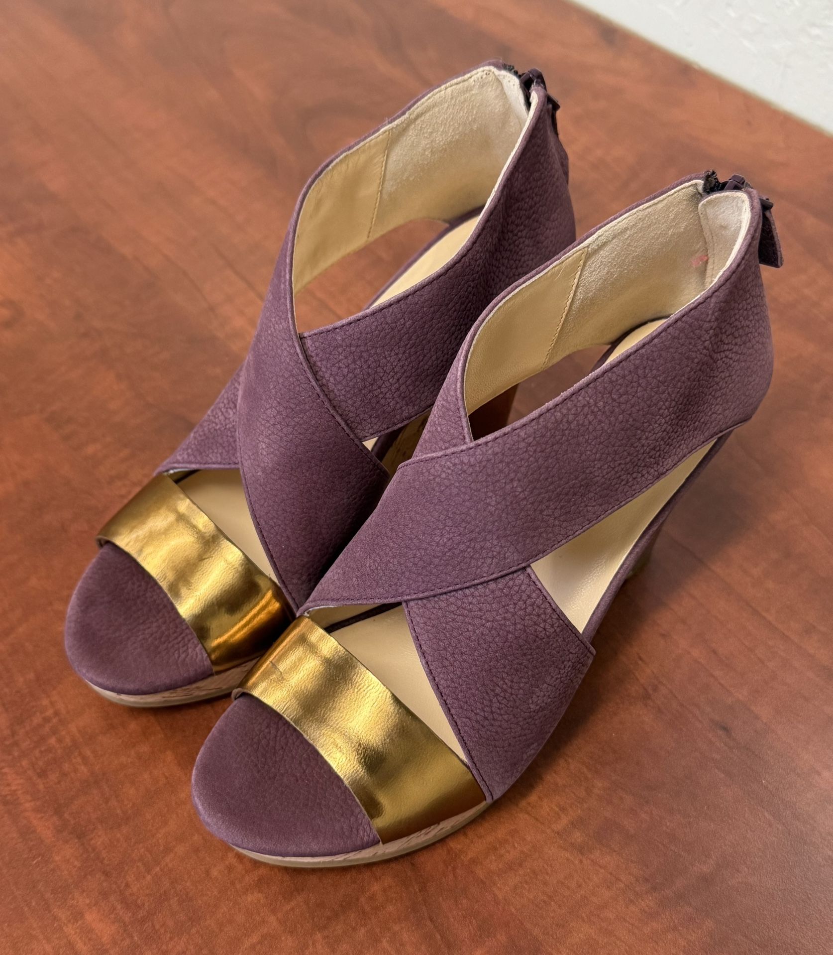 Cole Haan Cork Wedge Sandal (Eggplant Mauve/Bronze)
