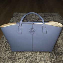 AUTH Tory Burch McGraw Leather Tote, w/Dust Bag - Light Blue - MSRP $389