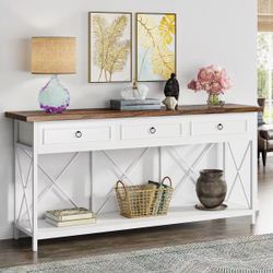 70.8" Console Table with 3 Drawers, Farmhouse Entryway Table with Storage Shelf, Narrow Long Sofa Foyer Table for Entryway, Hallway (White/Brown