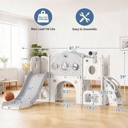 Toddler Slide Set, 8 in 1 Kids Slide with Climber, Indoor Outdoor Slide for Toddlers Age 1-3, Toddler Playset with Basketball Hoop and Tunnel, Toddler