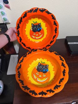 Vintage Berman Industries Halloween Candy Bowl Dish Black Cat Pumpkin Bats X 2