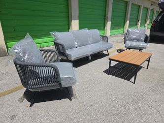 New and assembled iron and woven rope outdoor patio set