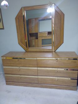 Oak headboard with mirror and dresser with mirror