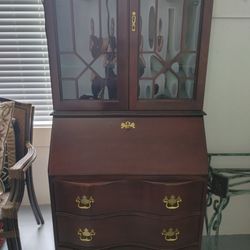 Vintage Jasper Mahogany Secretary Desk With Bubble Glass, Light, & Key