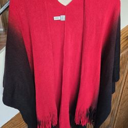 EUC Chico's Red Black Ombre Fringe Poncho/Shawl