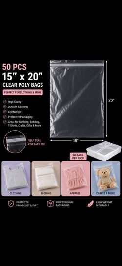 50 Clear Poly Bags 15x20” Self Seal – Clothing Packaging Bags