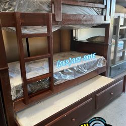 Triple Twin Brown Bunk Bed With Mattresses Included 